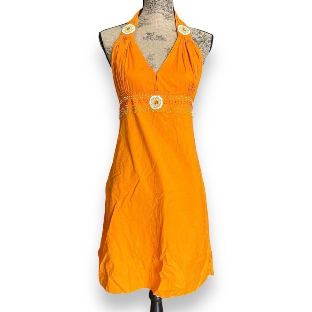 Y2K Orange Halter Neck Beaded Dress Size M